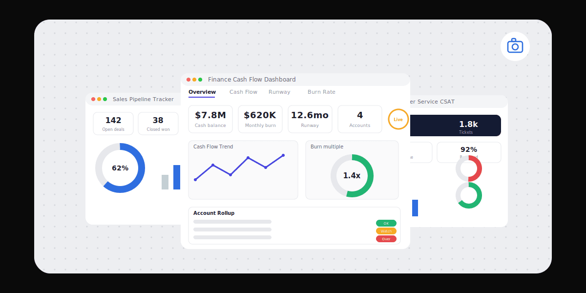 BImaster report template previews across Finance, Sales, and Customer Service