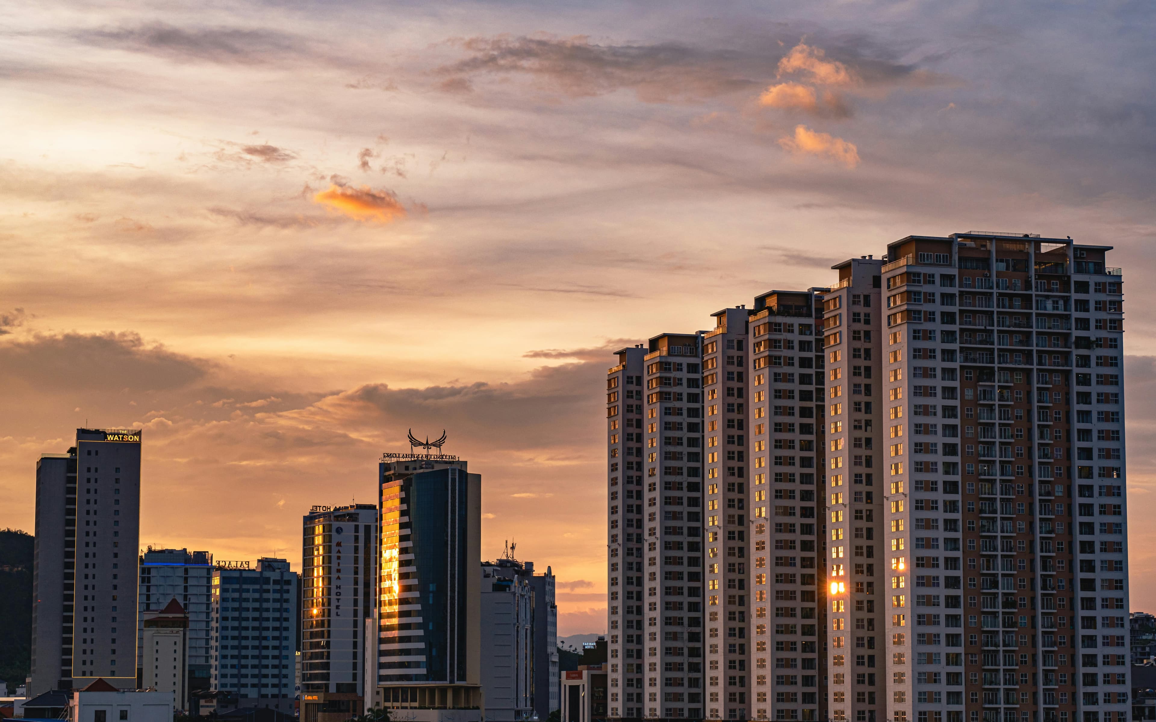 City skyline at sunset